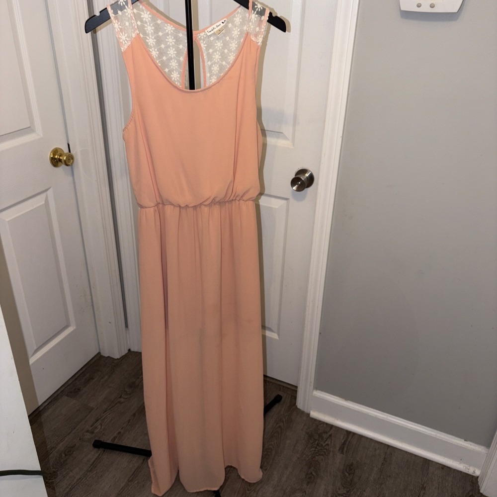 Double Zero Peach Maxi dress Large Crochet Lace Back Beachy Boho Chiffon Overlay